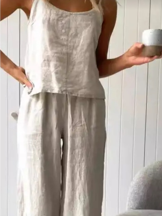 Pants - Linen Wide-Leg Relaxed Pants in Light Beige